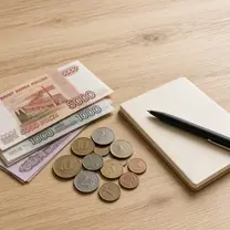 Купюры, монеты и блокнот на столе